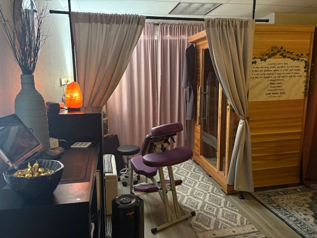 The infrared sauna and treatment room at Kelly’s studio