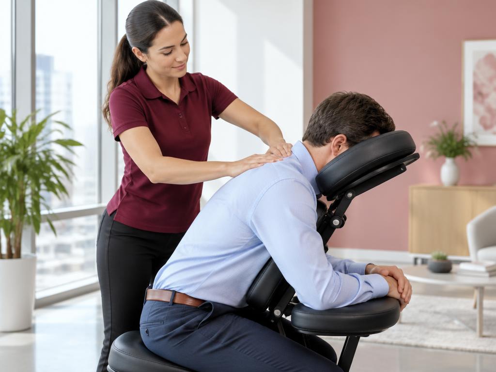 Professional chair massage in a bright workplace