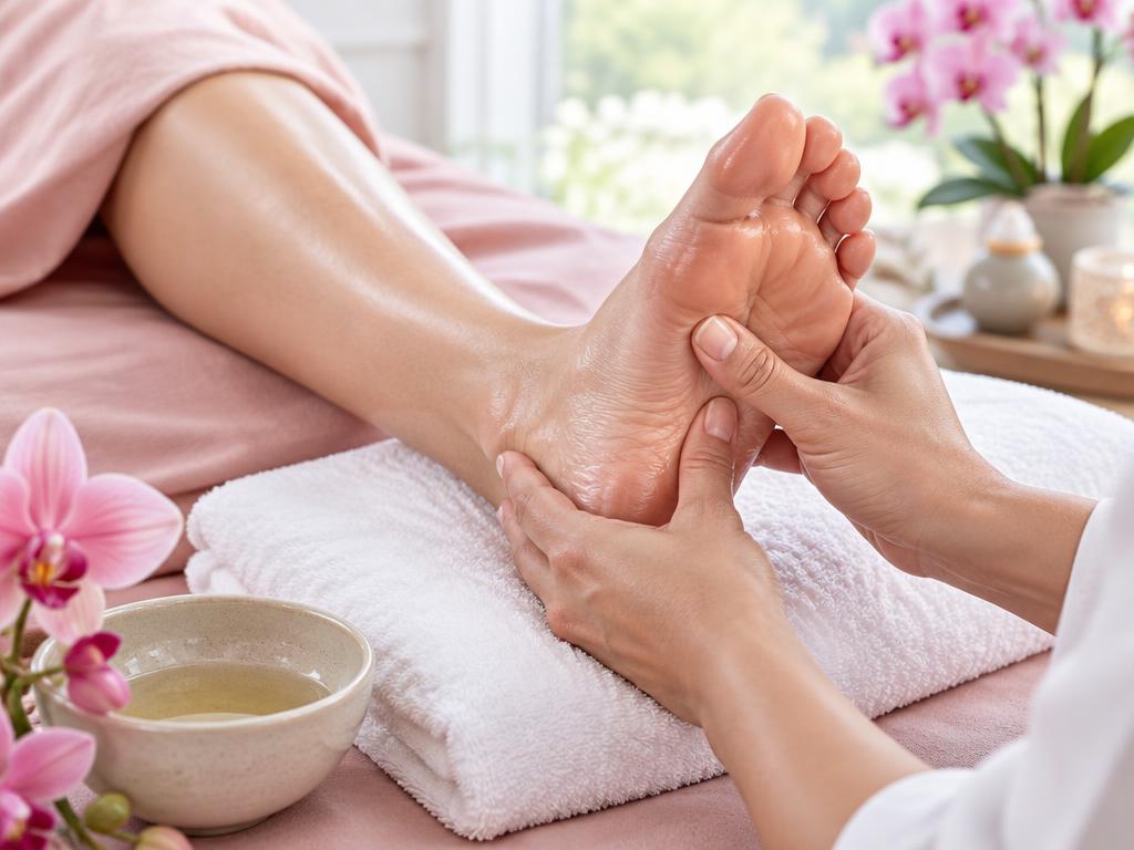 Targeted reflexology massage with warm towels and natural oils