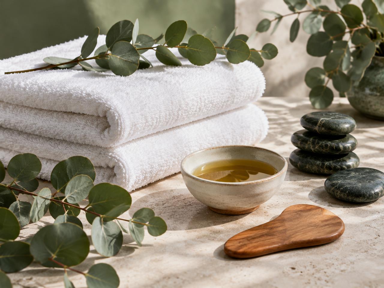 Natural oils, eucalyptus and stones for holistic wellness